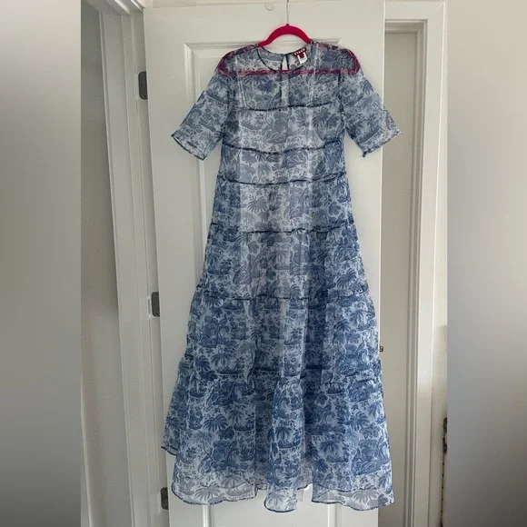 NWOT STAUD Hyacinth Crepe Organza Blue Toile Tiered Maxi Dress Small